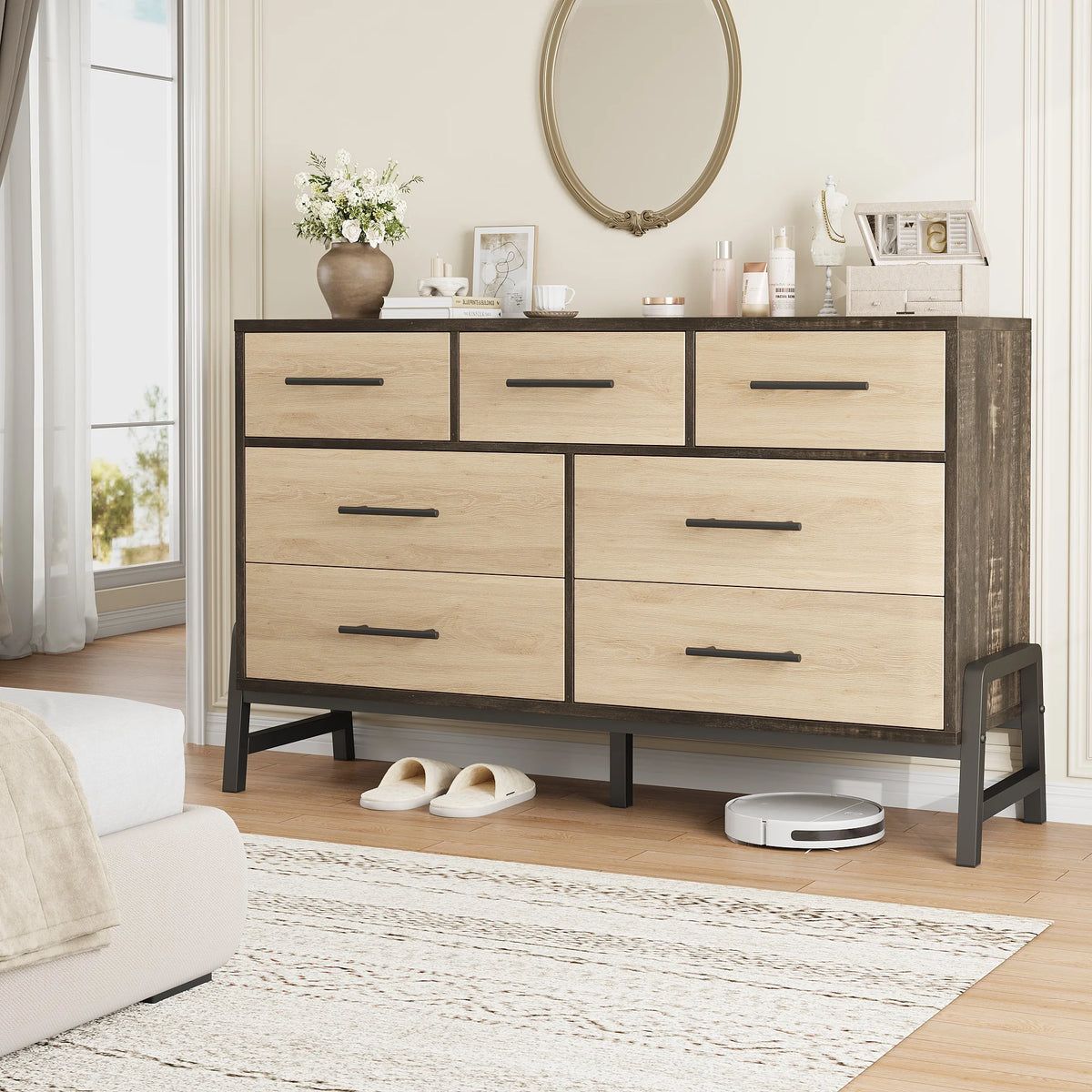 Freestanding Seven Drawer Dresser With Storage And Anti Tip Protection
