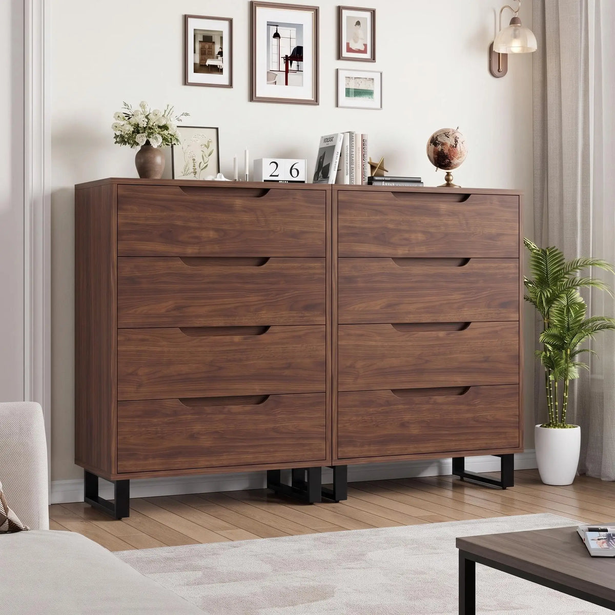 Freestanding Wooden Storage Dresser With Spacious Drawers And Metal Frame