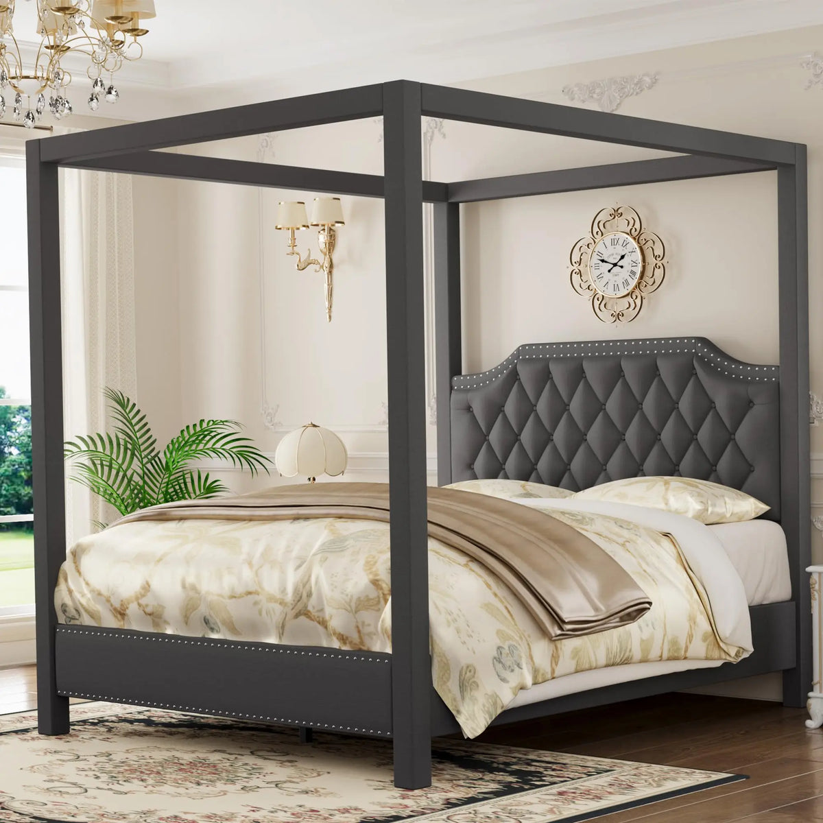 GAOMON Upholstered Four Poster Canopy Platform Bed With Tufted Headboard