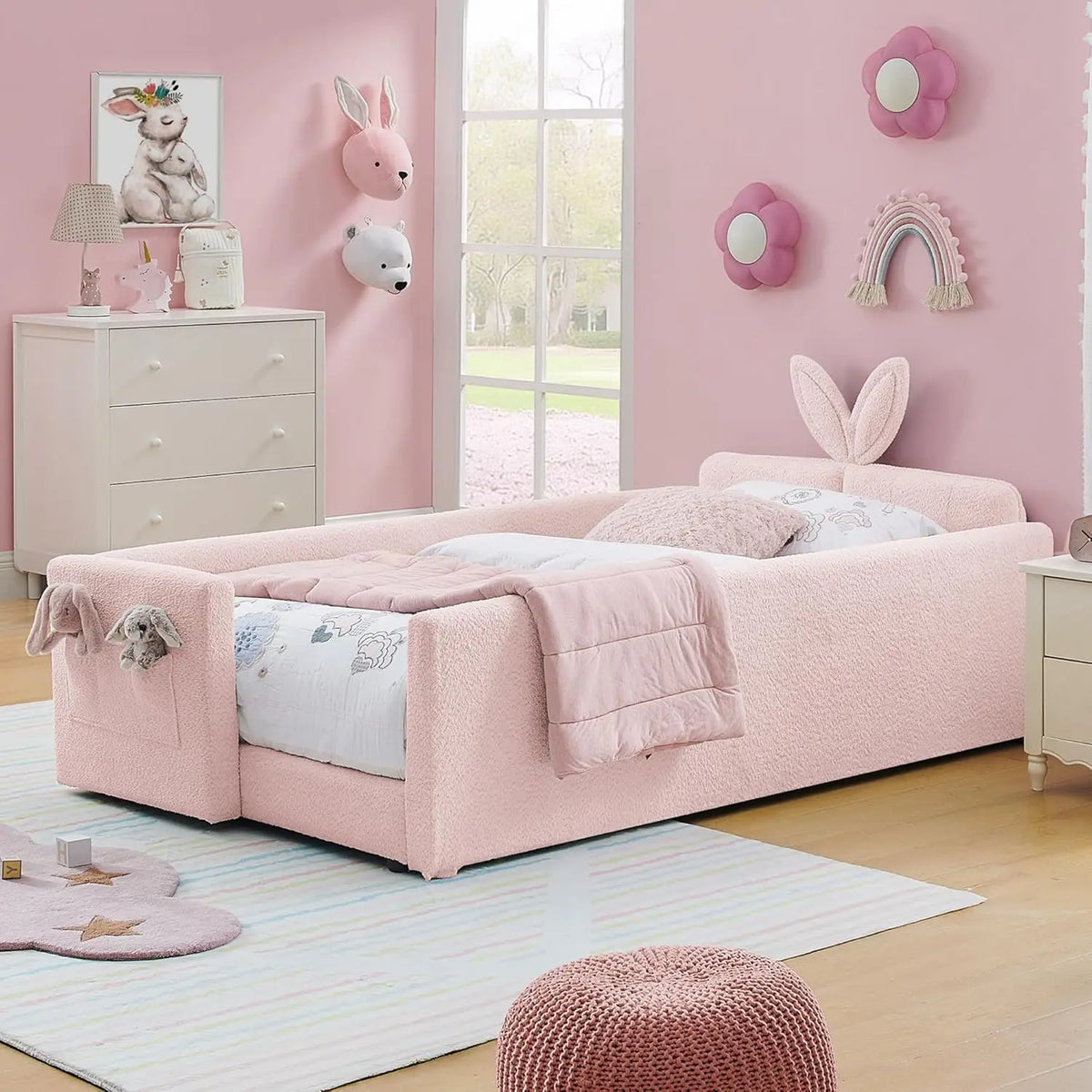 Twin Size Platform Bed,Boucle Upholstered Rabbit Ear Headboard with Pocket & Guardrail for Kids Room,Beige,Customized