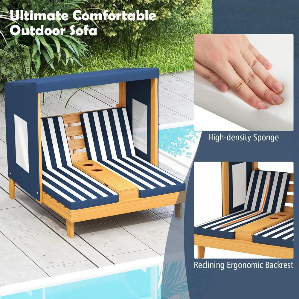 Children's Outdoor Double Pool Lounger Chairs with Canopy and Cushions, Suitable for Patio Backyards
