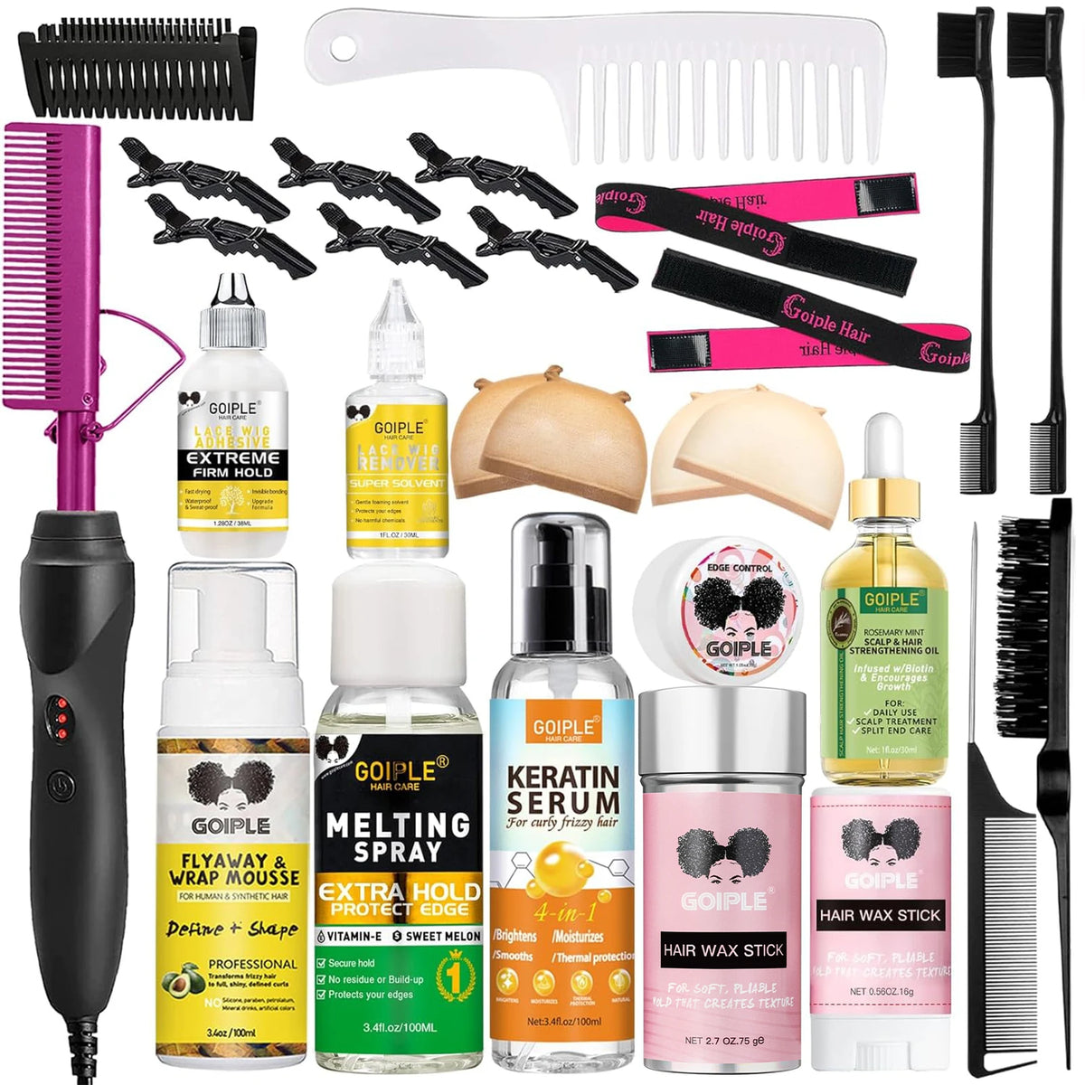 2 in 1 Hot Comb Hair Straightener & Curler for Wigs with Complete Wig Installation & Styling Kit for Beginners