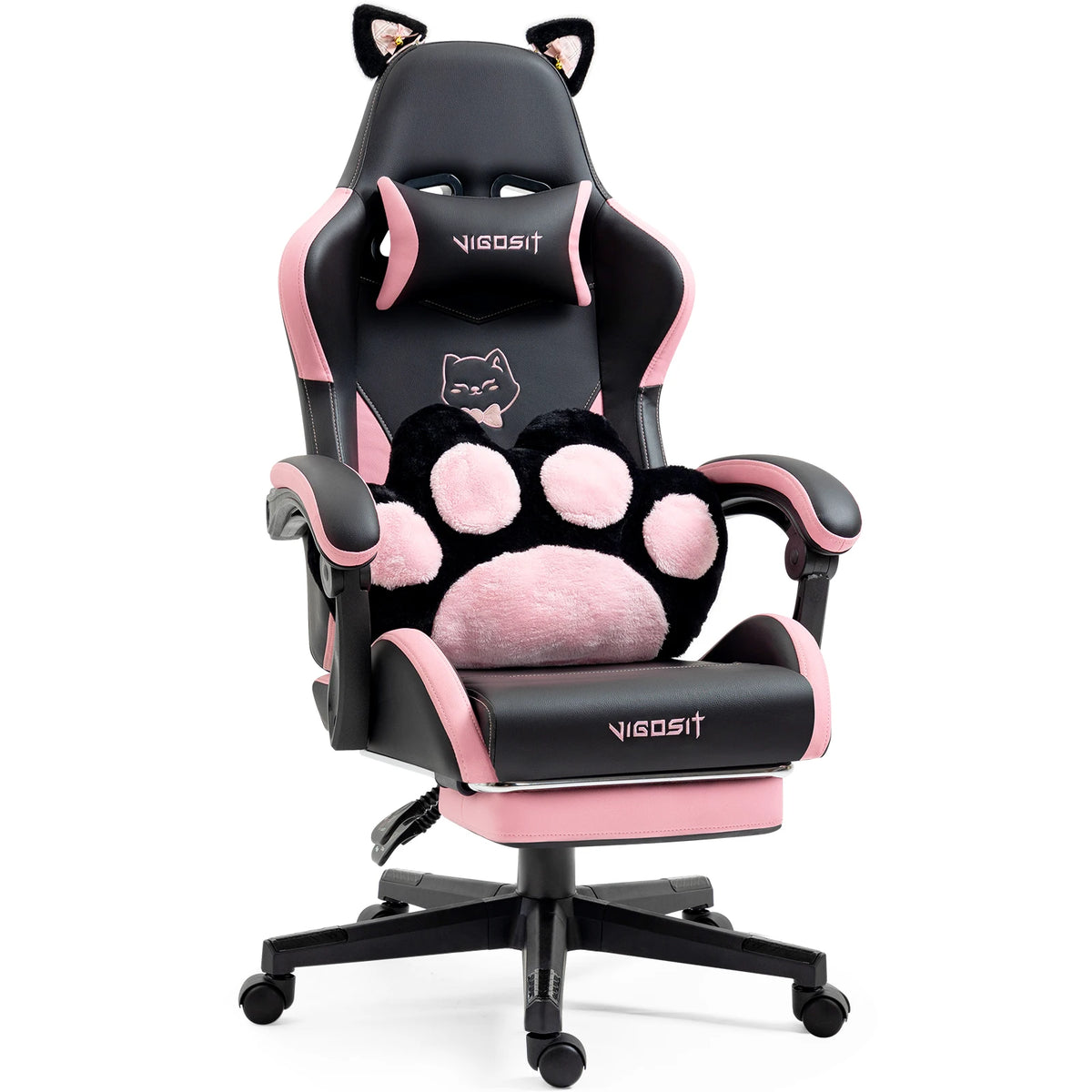 Vigosit Gaming Chair Cute Ears and Kawaii Pillow Ergonomic Computer Game Chair for Girls with Lumbar Support