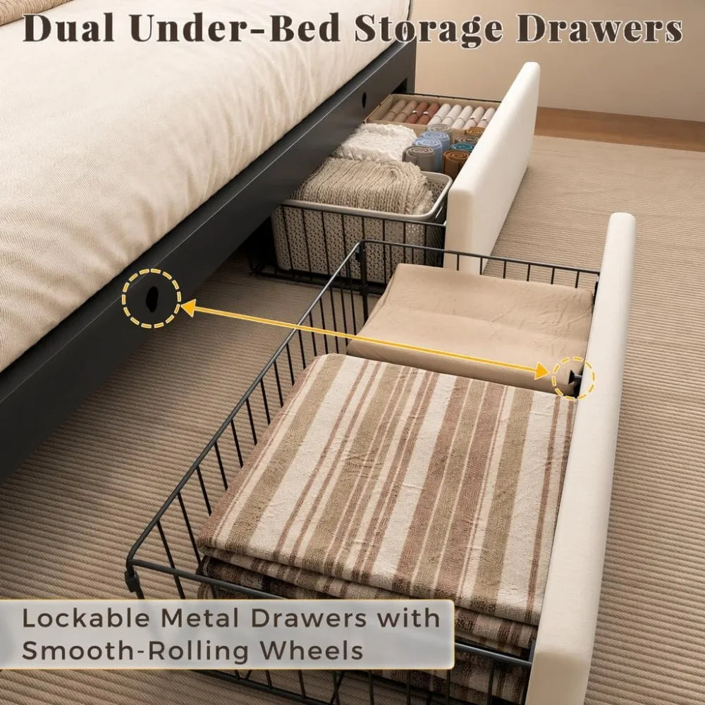 Upholstered Metal Bed Frame With Storage Drawers Led Headboard Lighting