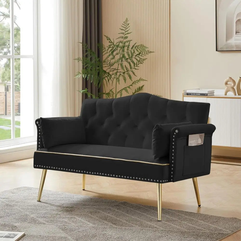 55-Inch ern Velvet Loveseat Soa with Gold Metal Legs & Side kets, Tuted Backrest, Perect or Living Room, Bedroom, or Oice (Black