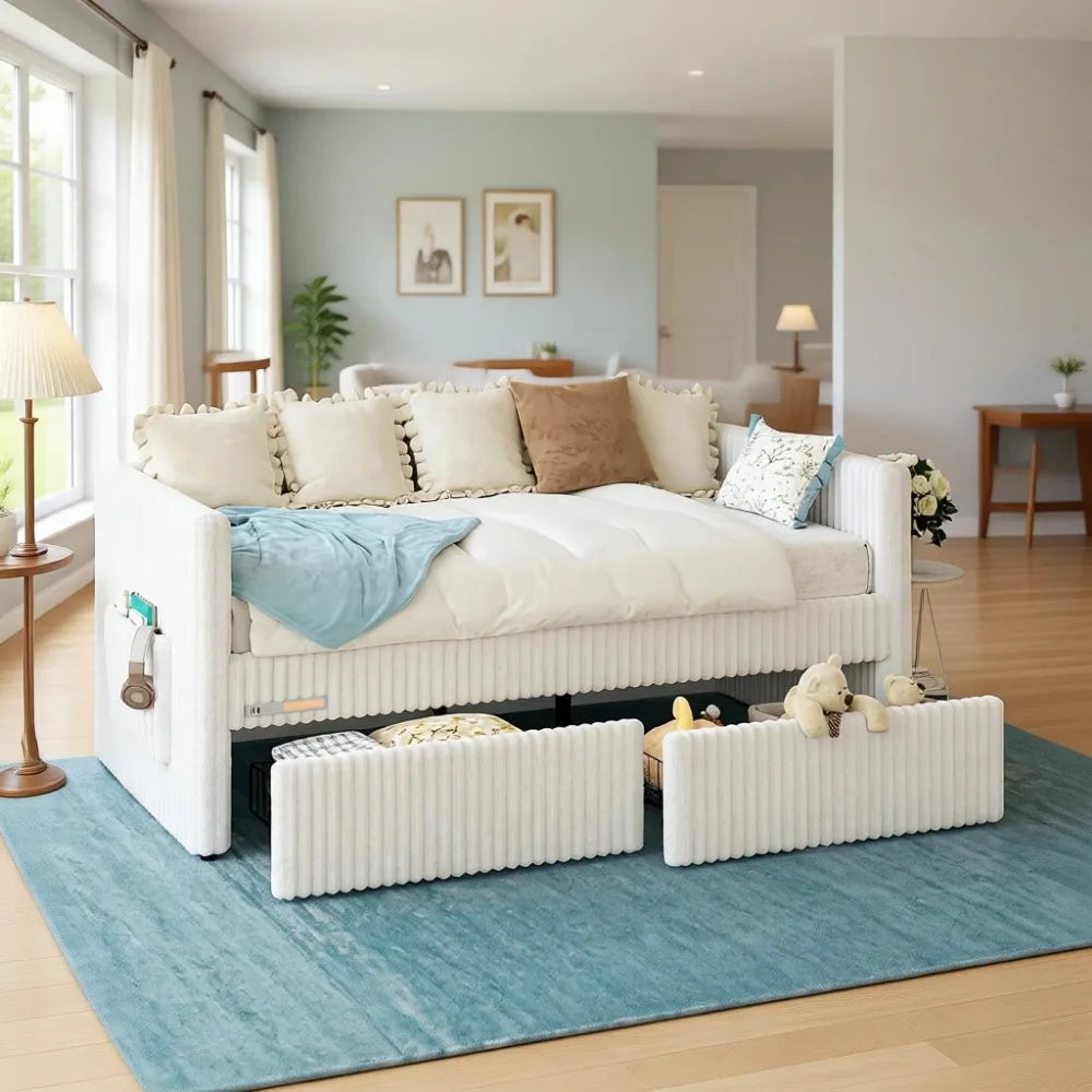 Modern Faux Fur Daybed With Storage Drawers And Night Light