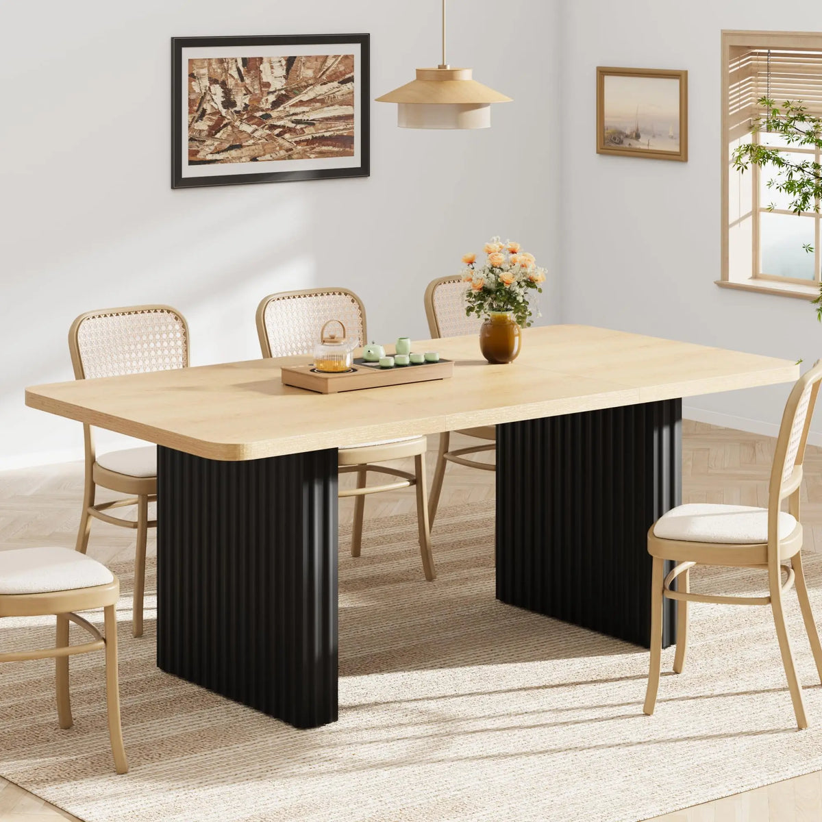 71 Inch Industrial Dining Table For 6-8, Farmhouse Rectangular Kitchen Table With Rustic Wood Top And Black Fluted Metal Legs