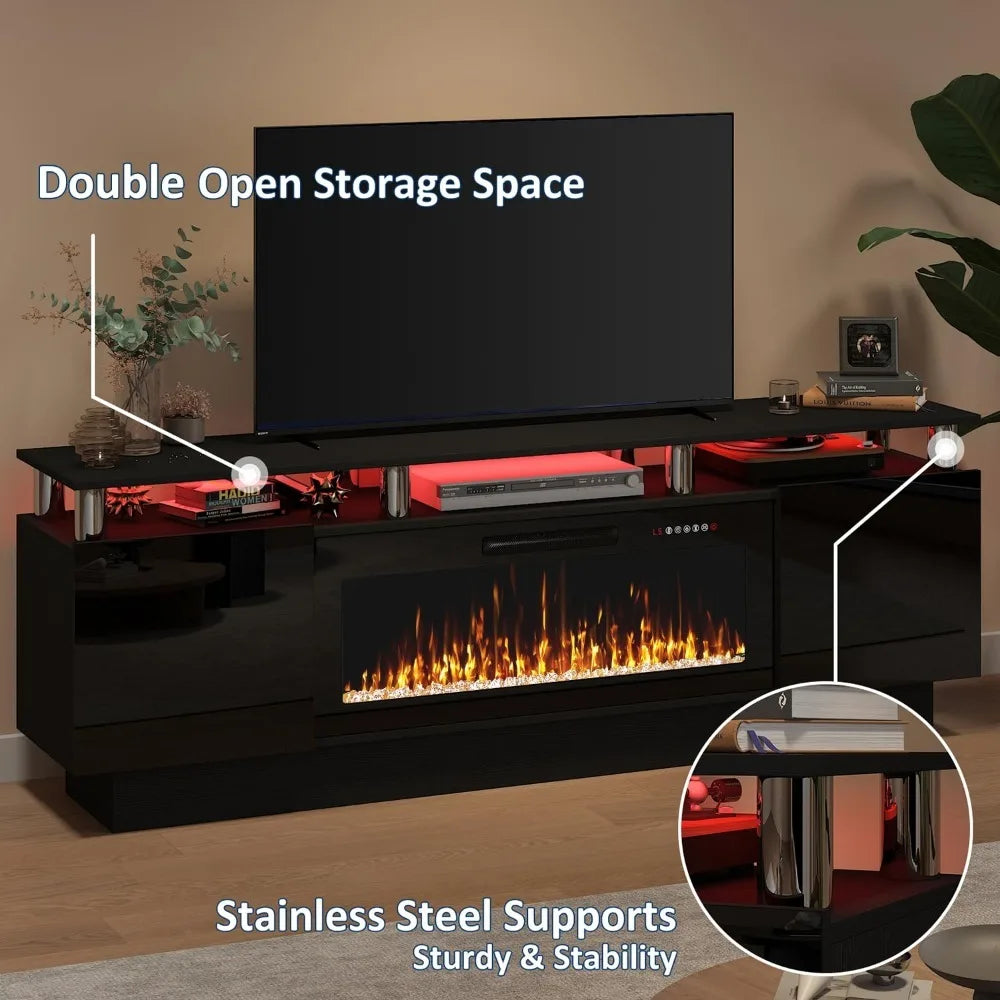 Modern Wood Electric Fireplace TV Stand Entertainment Center LED Lighting