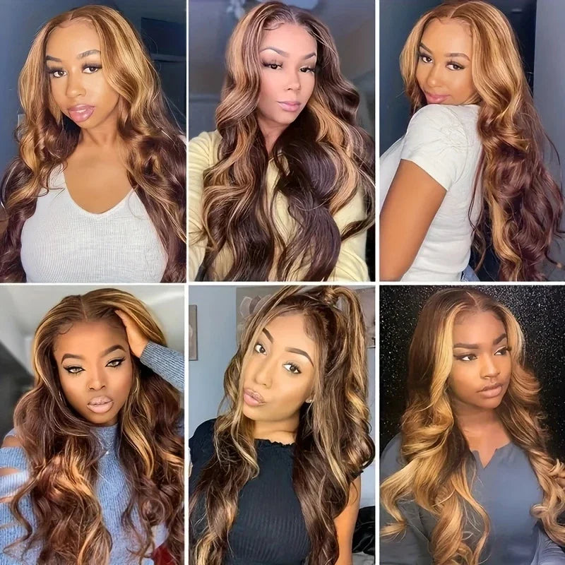 P4/27 Highlight  Brown Body Wave 13x6 Human Hair Wig Honey Blonde Colored 13x4 HD Lace PrePlucked 40 46 Inch Wigs For Women