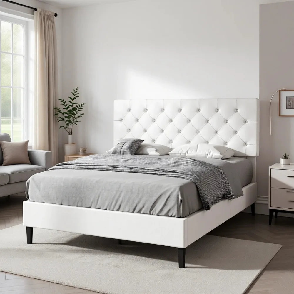 Full Bed Frame with Headboard, Upholstered Platform Bed, White, Wooden Slat Support, No Box Spring Needed