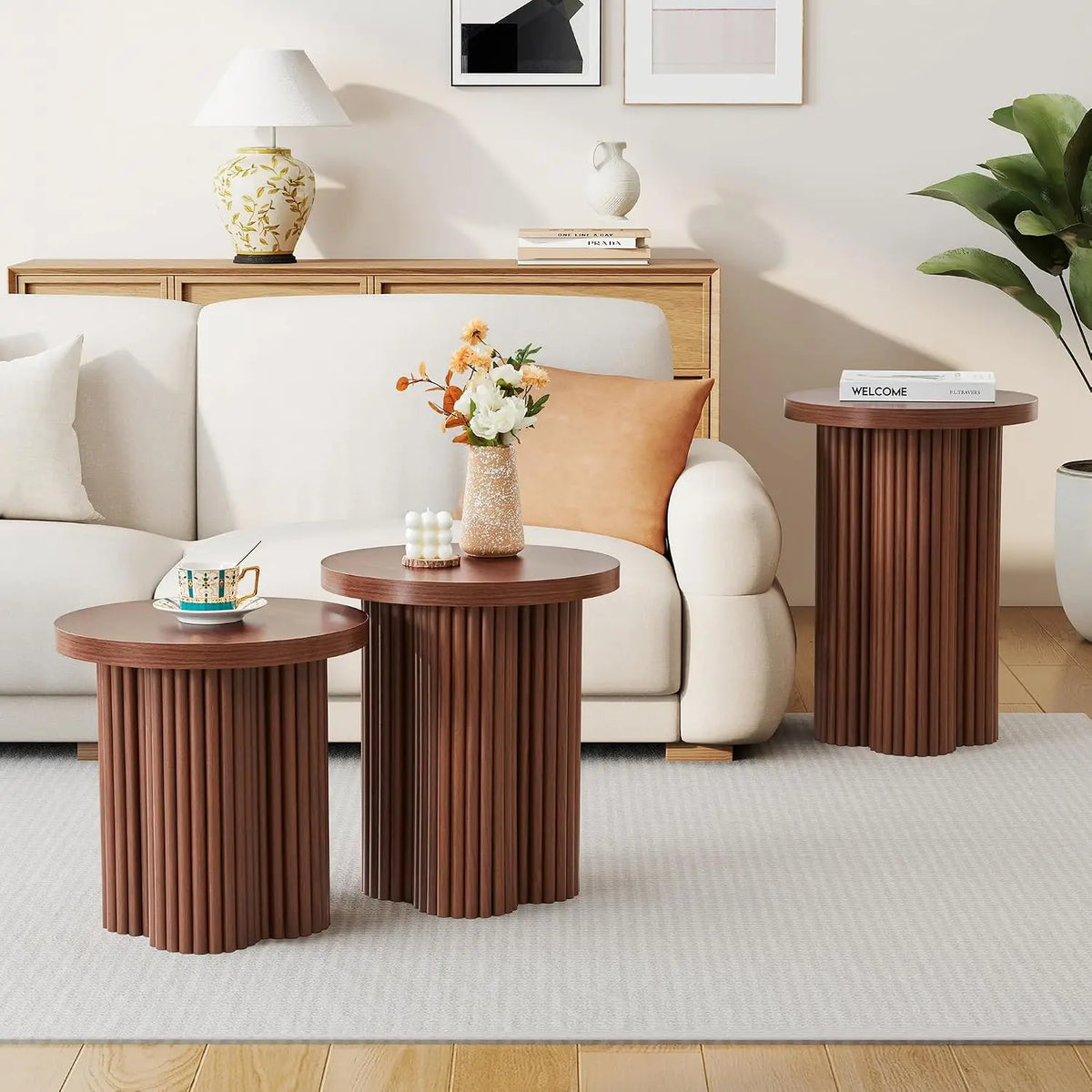 Round Fluted Nesting Coffee Table Set with Plum Blossom Legs