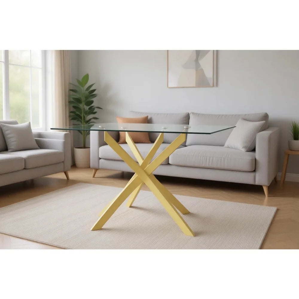 Rectangular Tempered Glass Dining Table with Metal Legs for Home and Outdoor Use