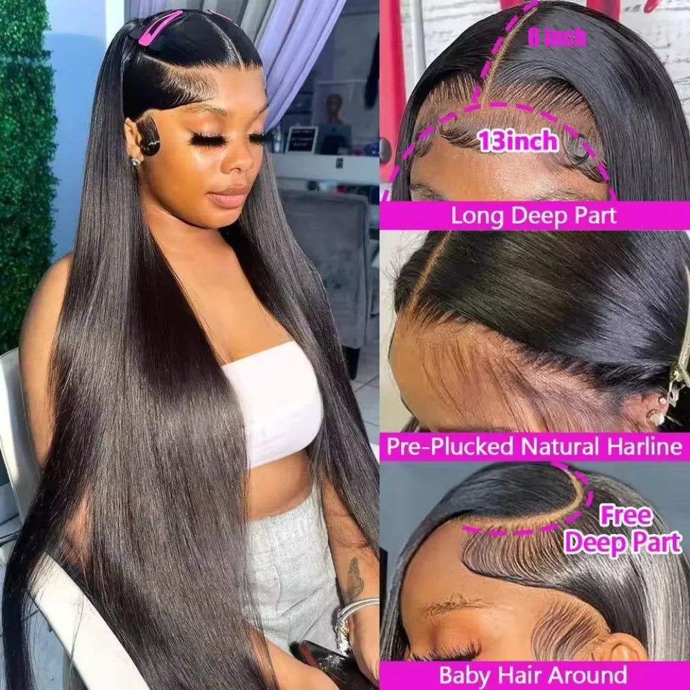 16 42 Inch Natural Black Bone Straight Hair 250 Density 13x6 13x4 Hd Transparent Lace Frontal Wig 5x5 Glueless Wig Real Brazilian Human Hair Wig