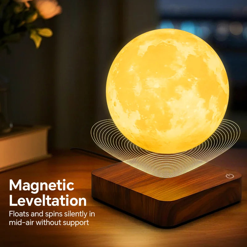 Magnetic Floating Rotating Moon Lamp with Wooden Base,3 Lighting Modes LED Night Lights of Print 3D for Unique Gifts, Room