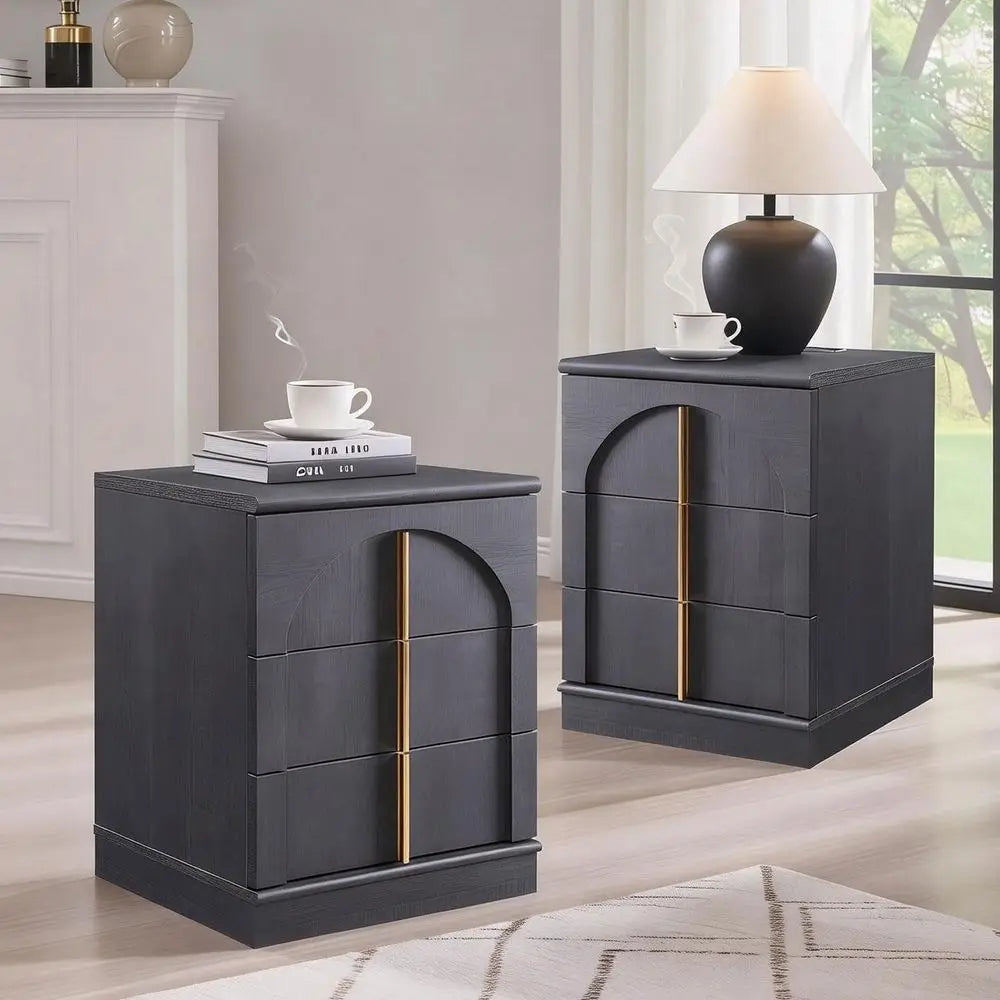 XMSJ Arched Nightstand Set with Charging Station and Three Drawers