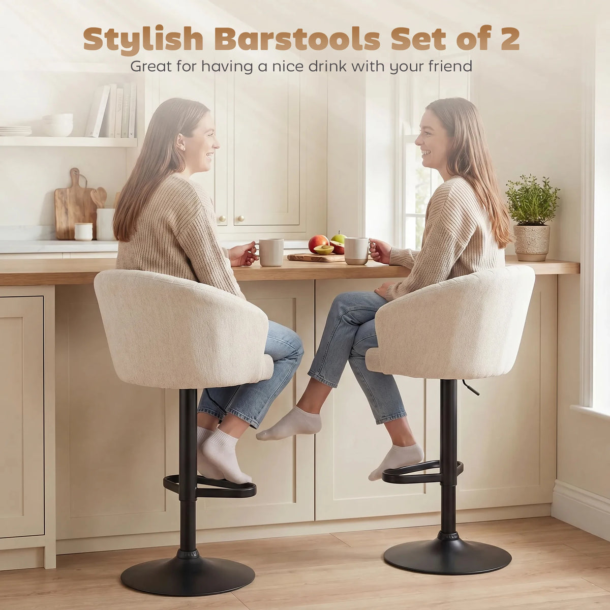 HOMCOM Adjustable Swivel Bar Stools With Linen Upholstery and Footrest