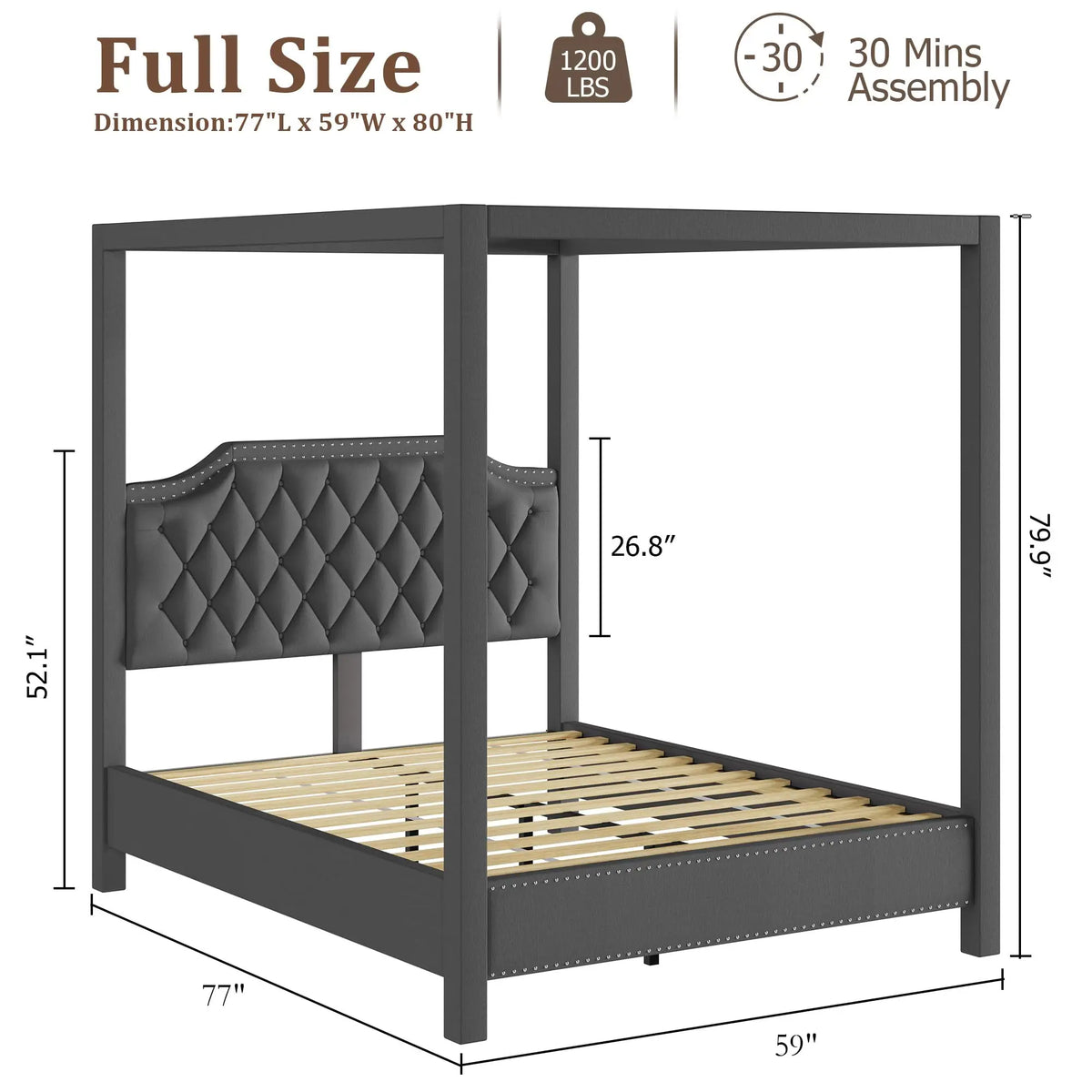 GAOMON Upholstered Four Poster Canopy Platform Bed With Tufted Headboard
