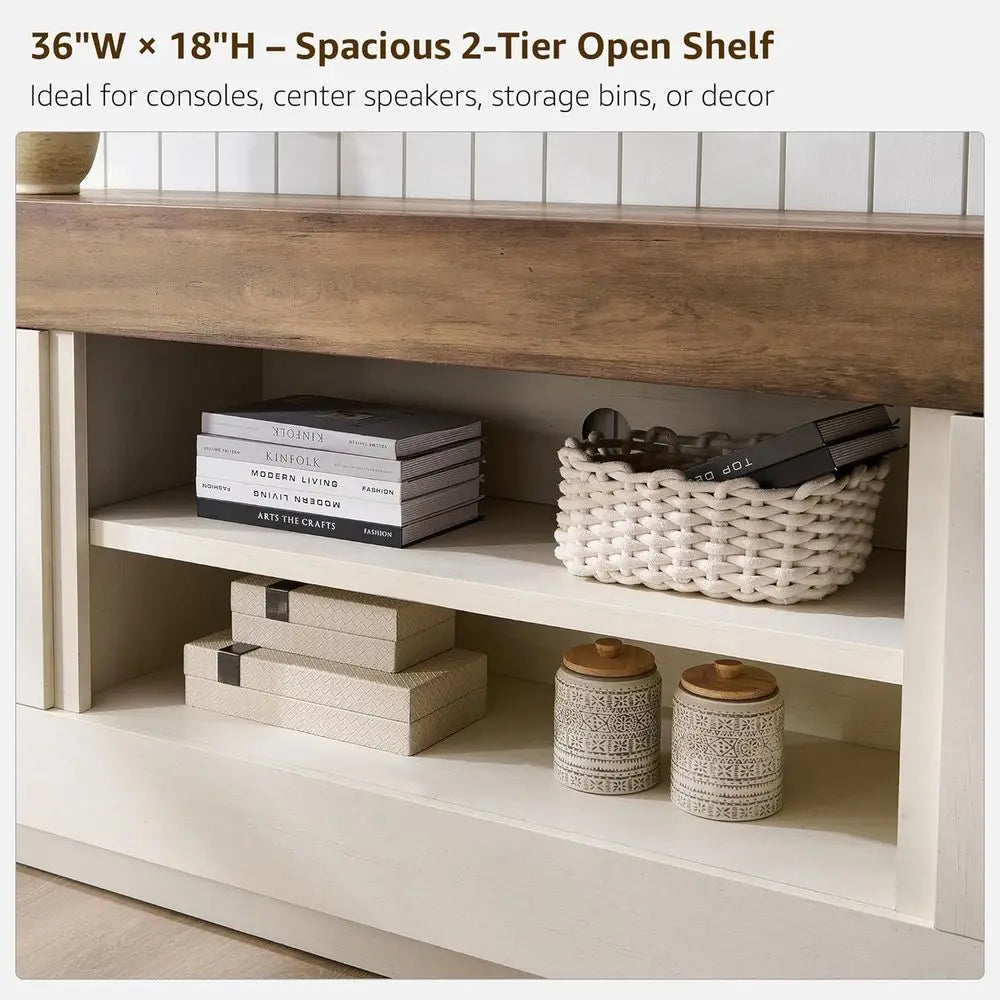Modern Wood TV Stand With Open Storage And Side Cabinets