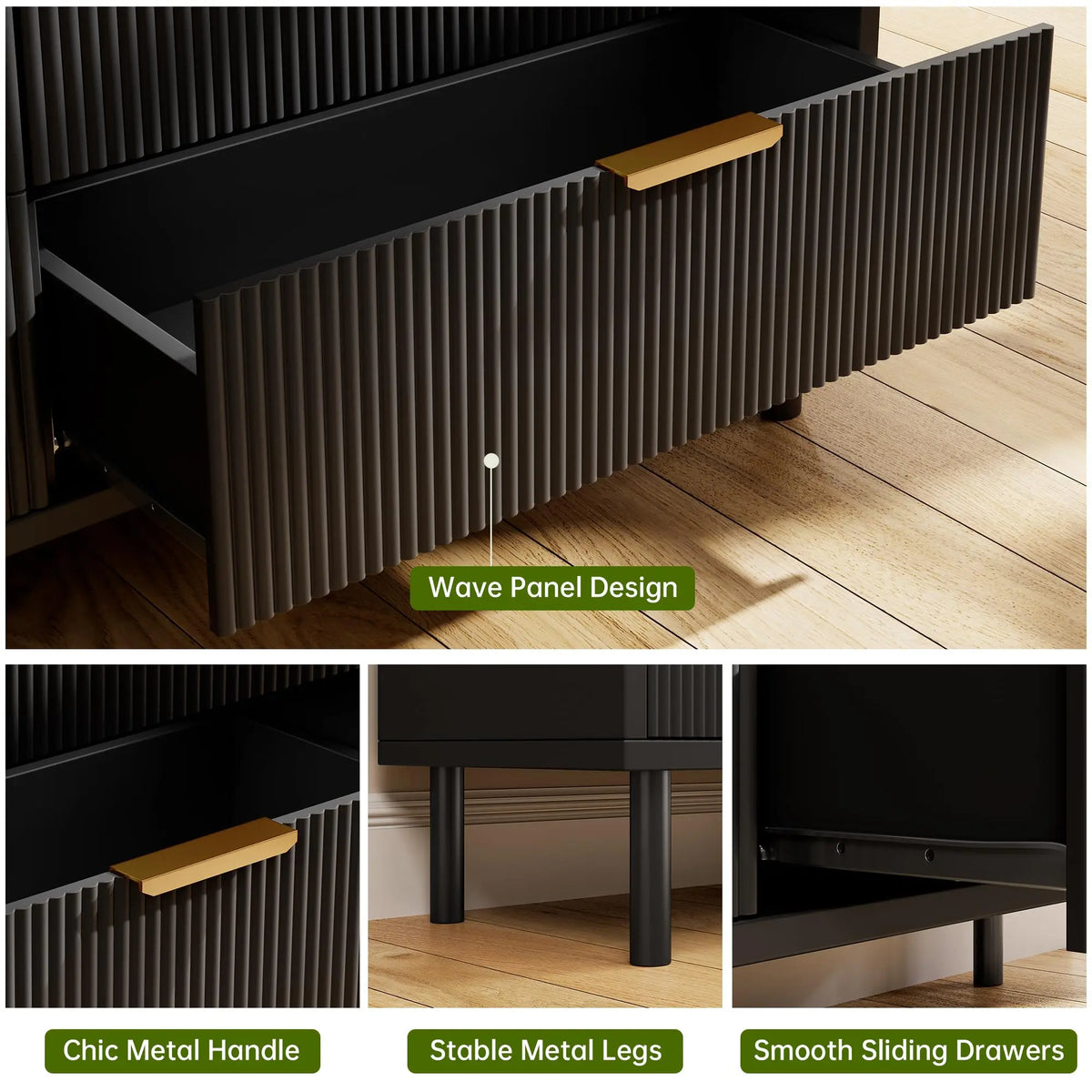 GAOMON Fluted Wooden Chest of Drawers with Metal Legs