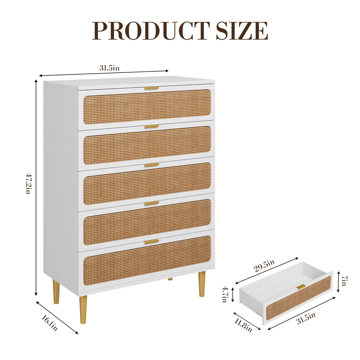 GAOMON Rattan Five Drawer Dresser With Wooden Frame Storage