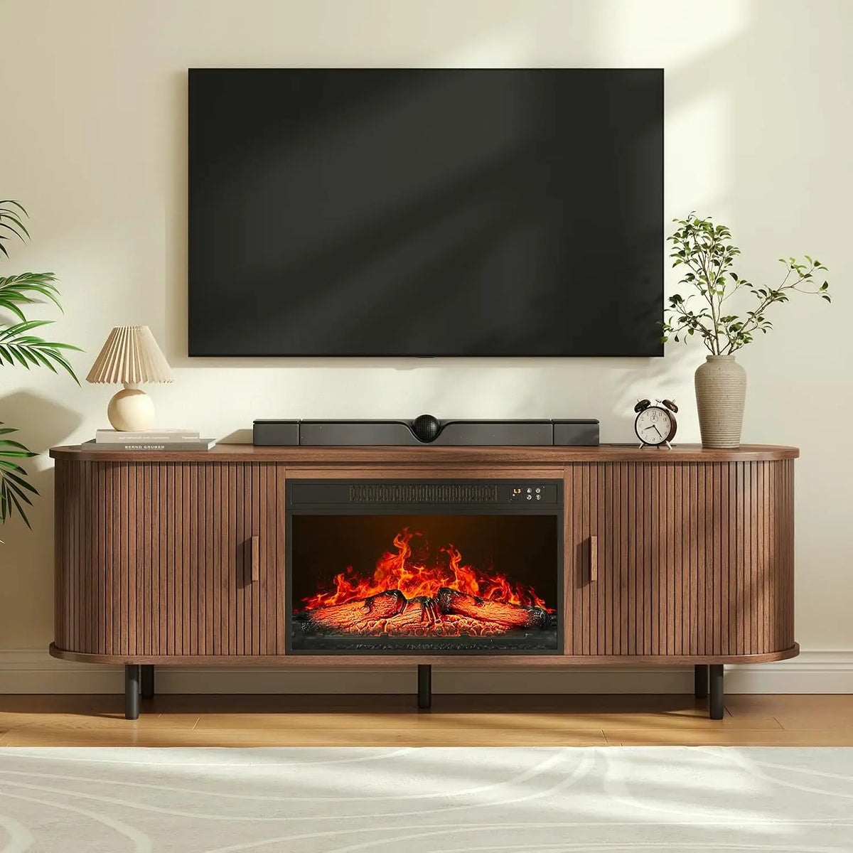 ONBRILL Fluted Electric Fireplace TV Stand With Charging Station