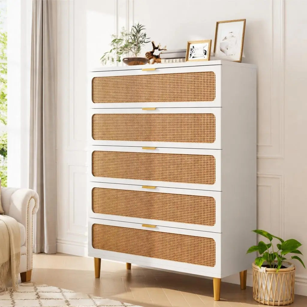 GAOMON Rattan Five Drawer Dresser With Wooden Frame Storage
