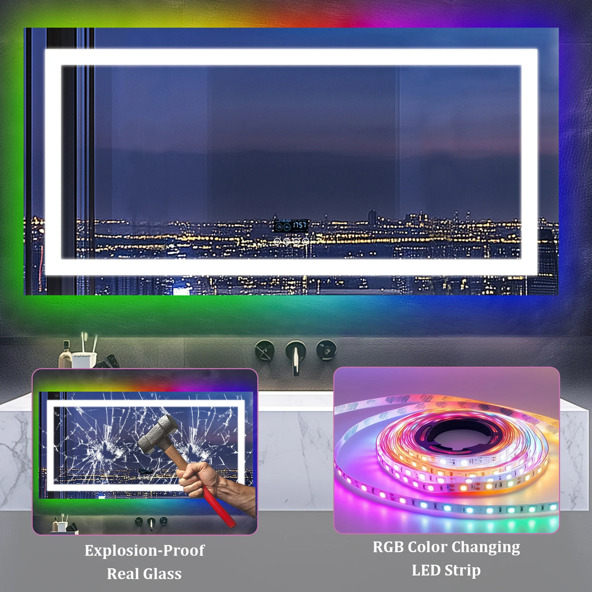 Wisfor LED Bathroom Mirror With Lights Anti Fog RGB Backlight