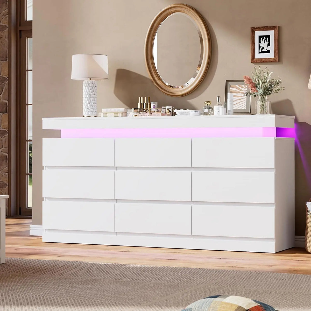 63in 9 Drawer Dresser With LED Lights & Charging Station, Wide Bedroom Chest TV Stand Console For Living Room Entryway Hallway