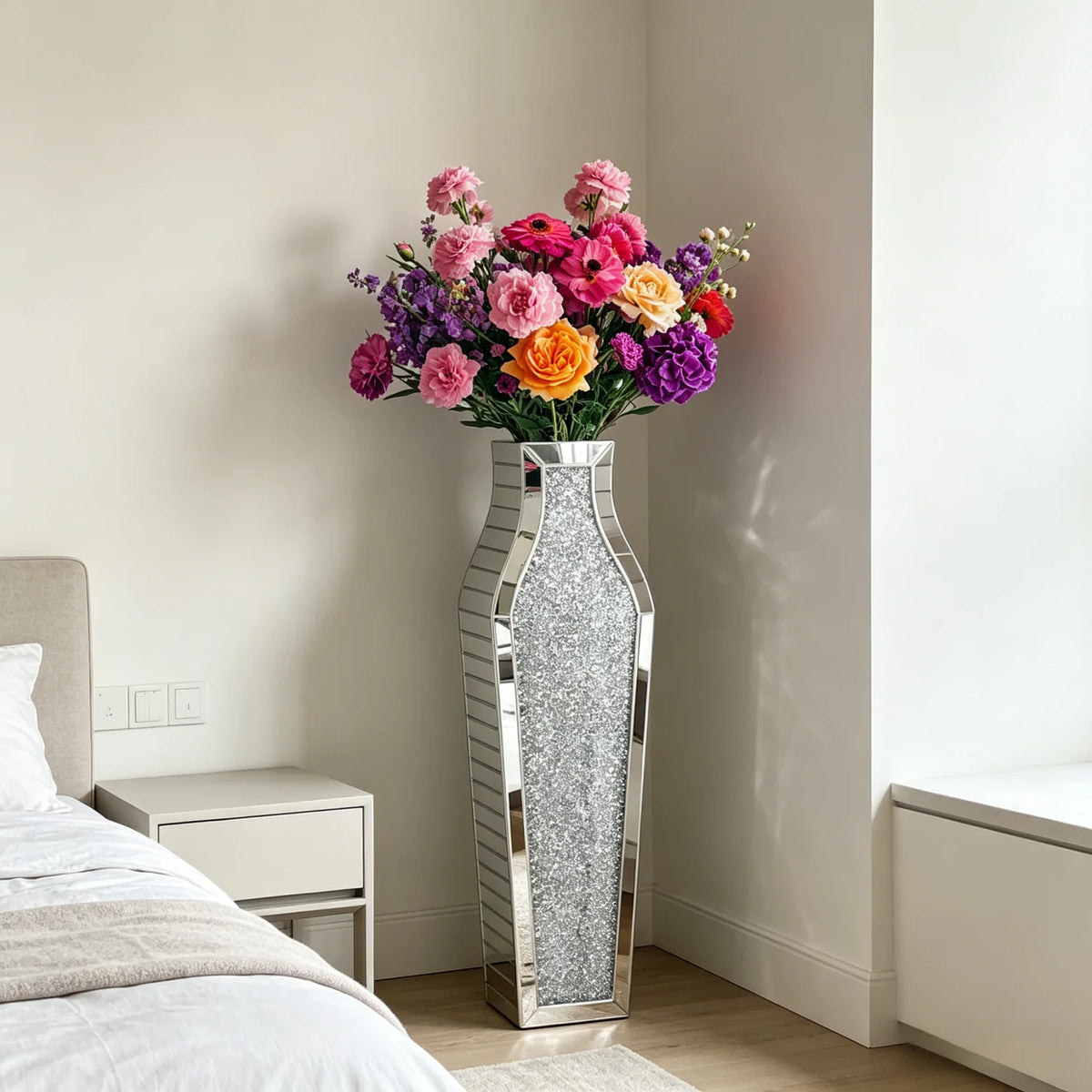 Various Styles Floor Crushed Diamond Mirrored Vase Large Silver Mirror Tall Vases Glass Vases Home Decor for Living Room Bedroom