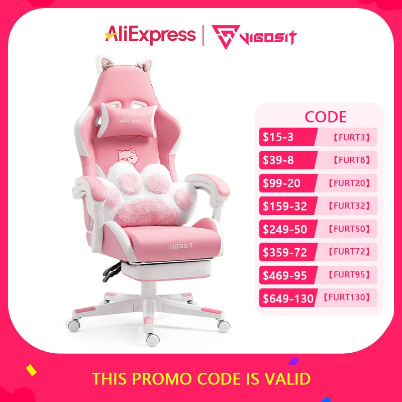 Vigosit Gaming Chair Cute Ears and Kawaii Pillow Ergonomic Computer Game Chair for Girls with Lumbar Support