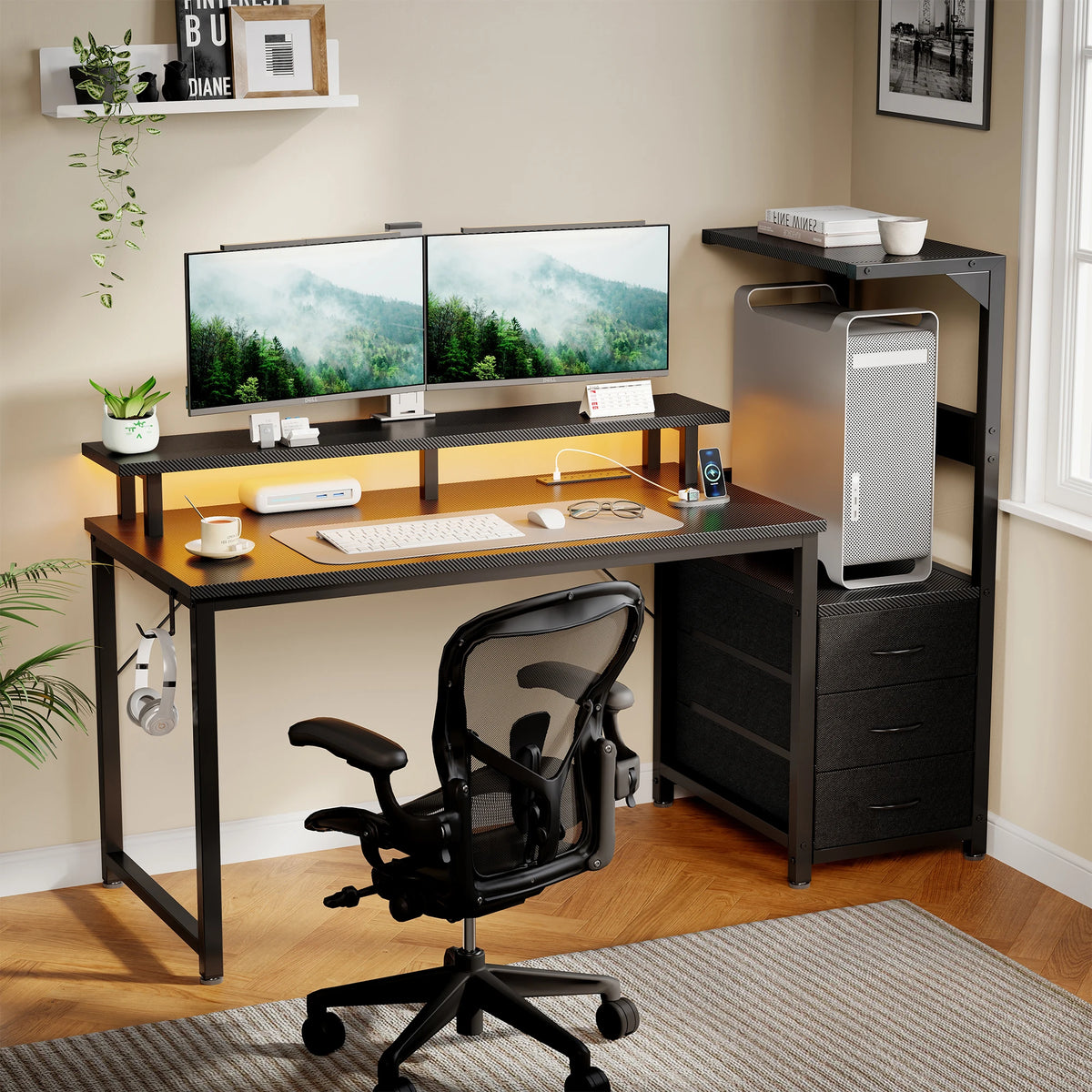 JHK Gaming Desk With Drawers LED Lights And Power Outlets