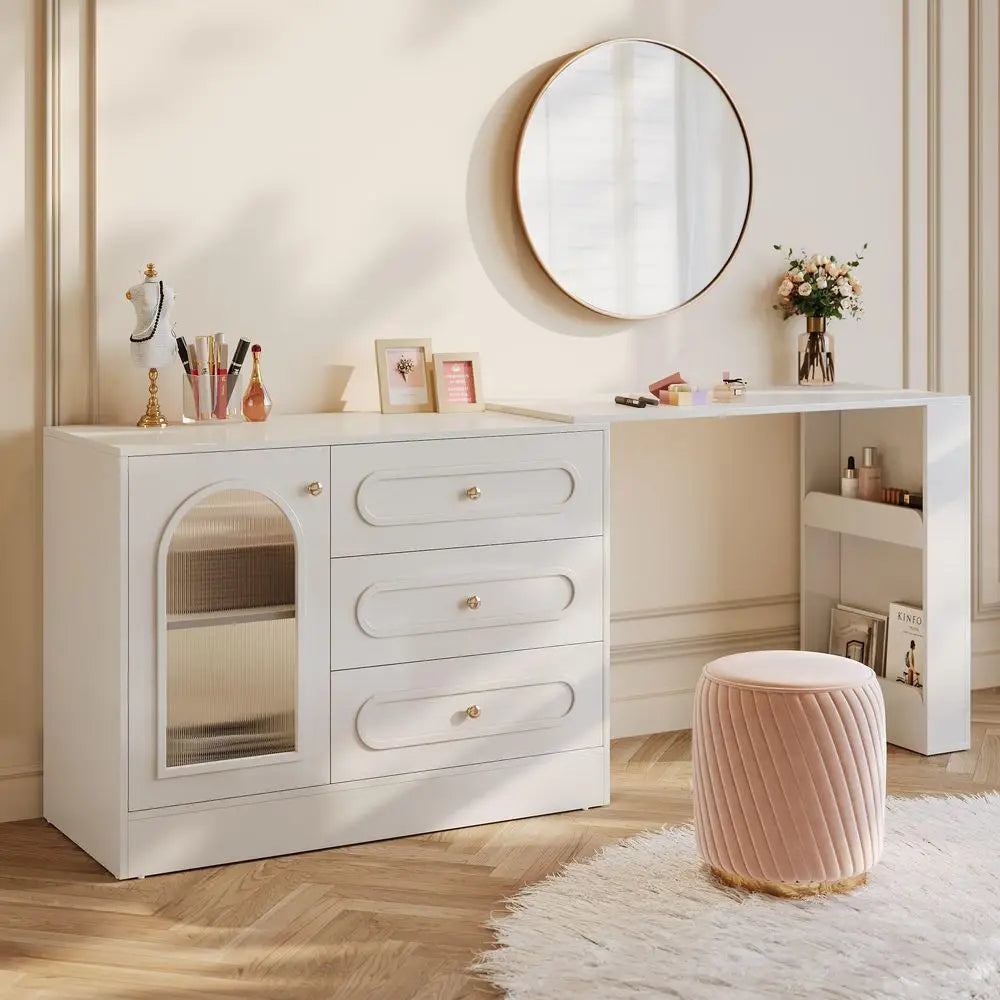 XMSJ Corner Vanity Desk With Drawers And Reversible Storage Cabinet