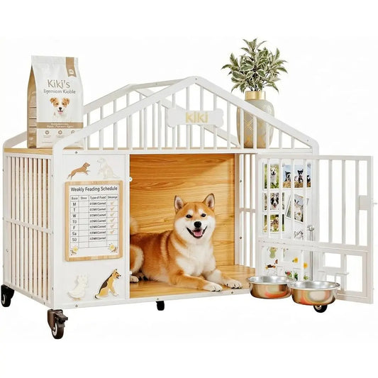 41.3" Dog Crate urniture with 2 DIY e, Heavy Duty Pet Crates with 2 Rotatable Dog Bowls & Name Tag, Decorative Roo Shape Dog Ken