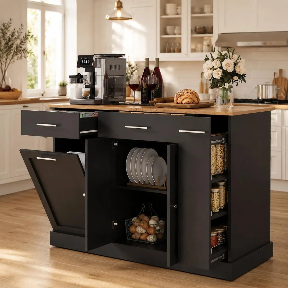 Kitchen Island Cart With Trash Cabinet And Spice Rack And Towel Rack On Wheels