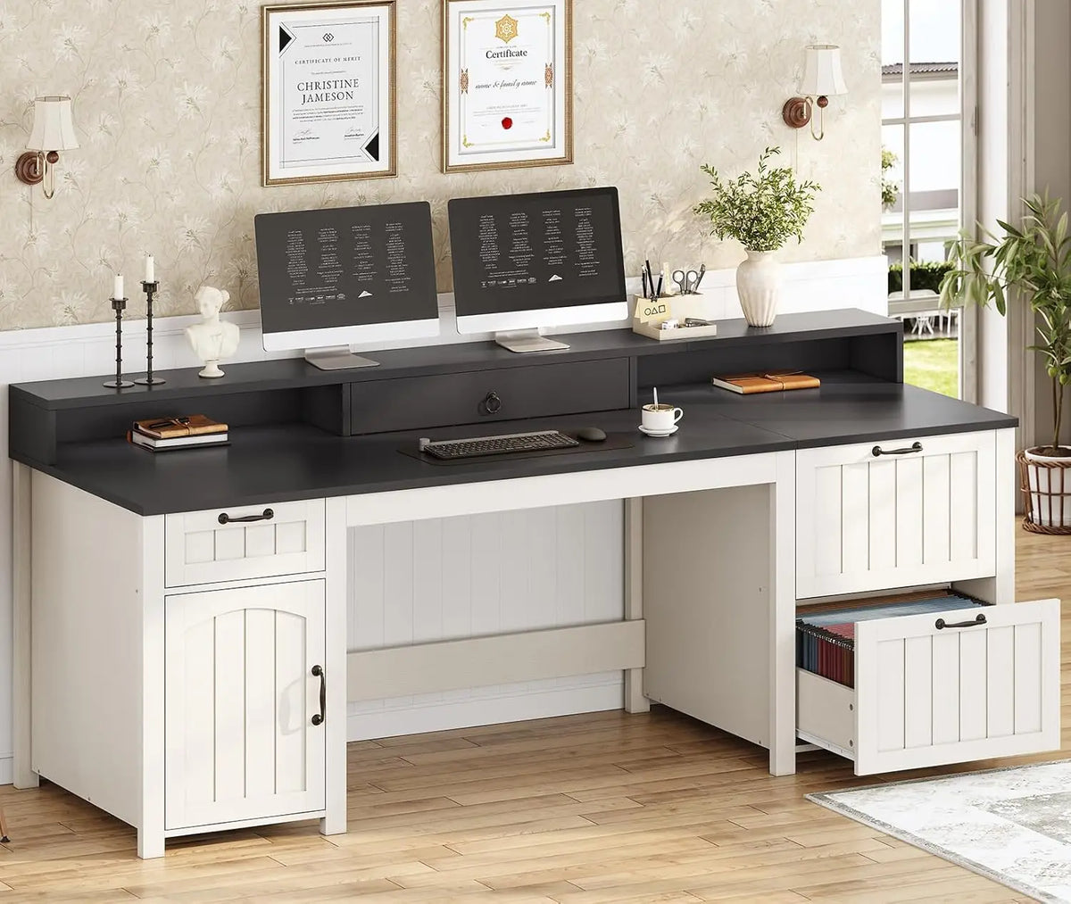 Farmhouse Executive Desk With File Drawers Monitor Stand And Storage