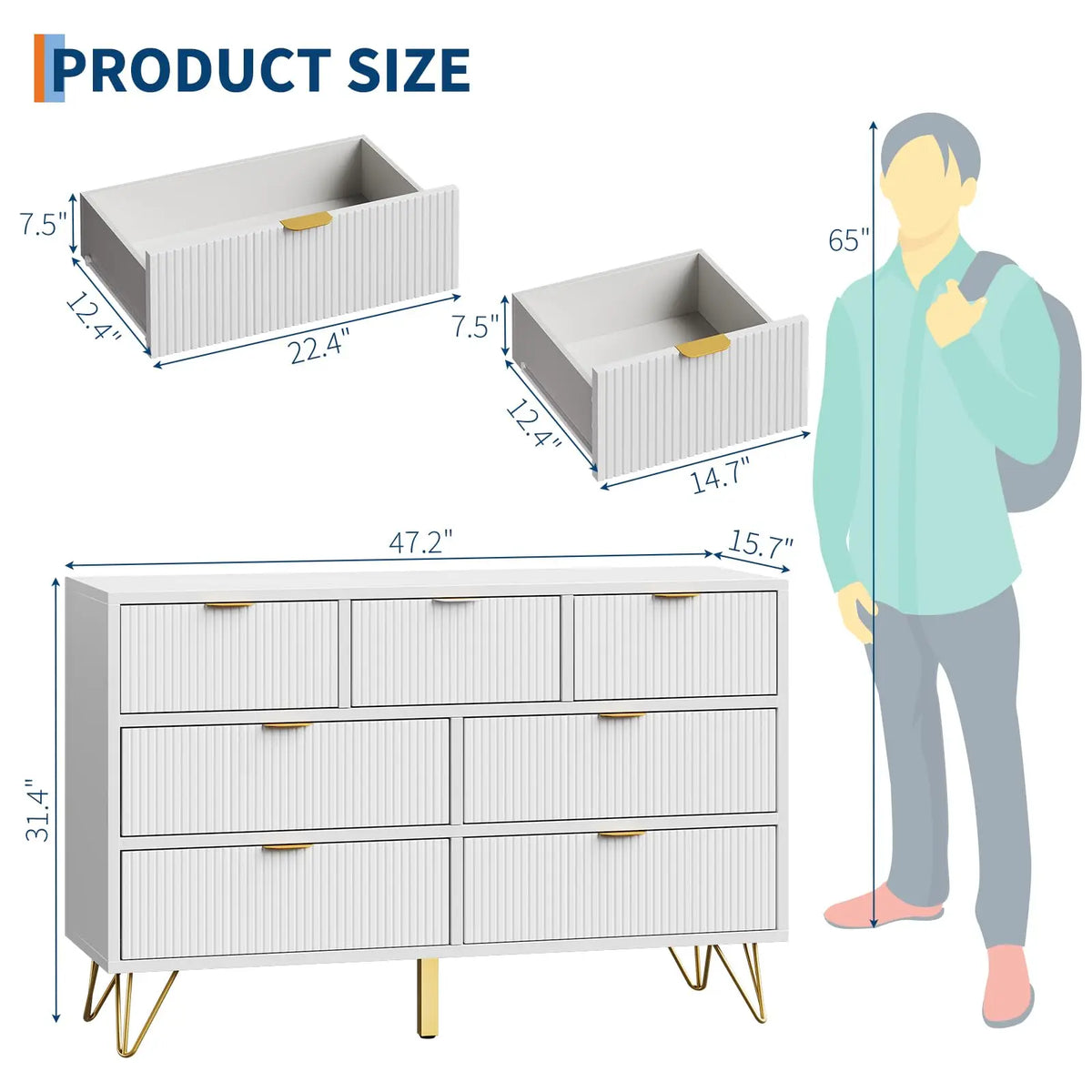 47.2 Inch 7 Drawer Dresser For Bedroom, Modern White Chest Of Drawers With Gold Metal Legs, Narrow Storage Cabinet For Entryway