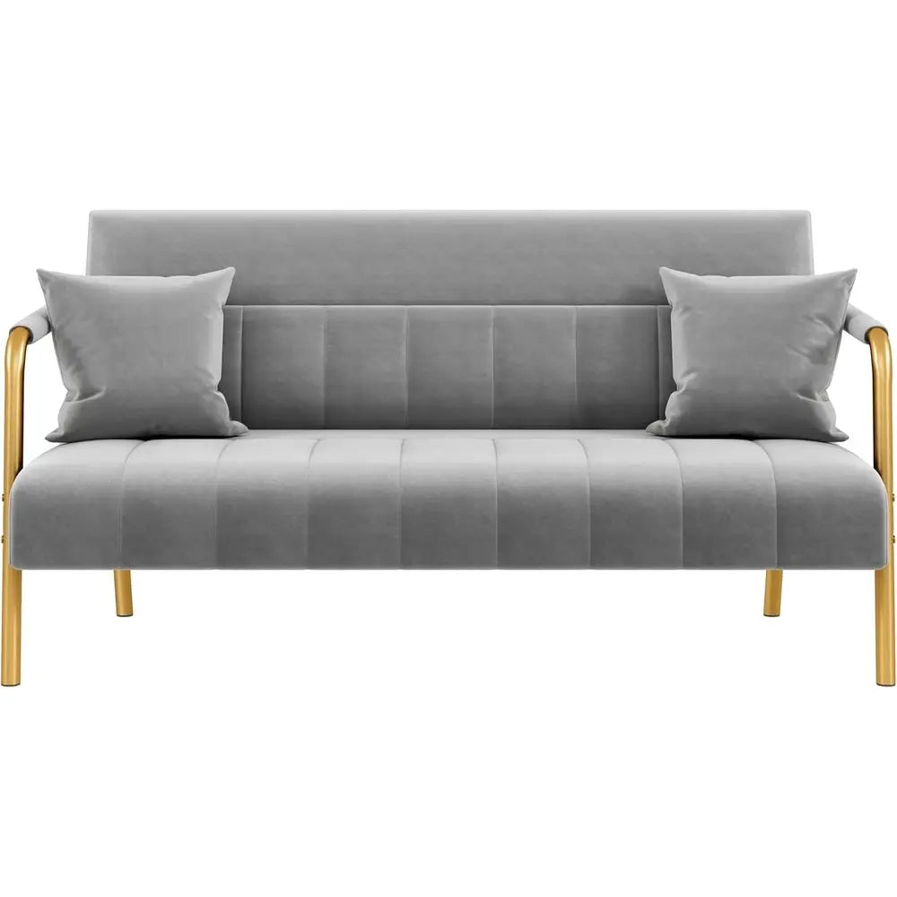Velvet Loveseat Sofa With Gold Tone Metal Arms And Legs