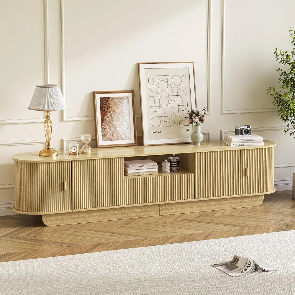 Tambour TV Stand With Large Storage Cabinet And Open Shelves