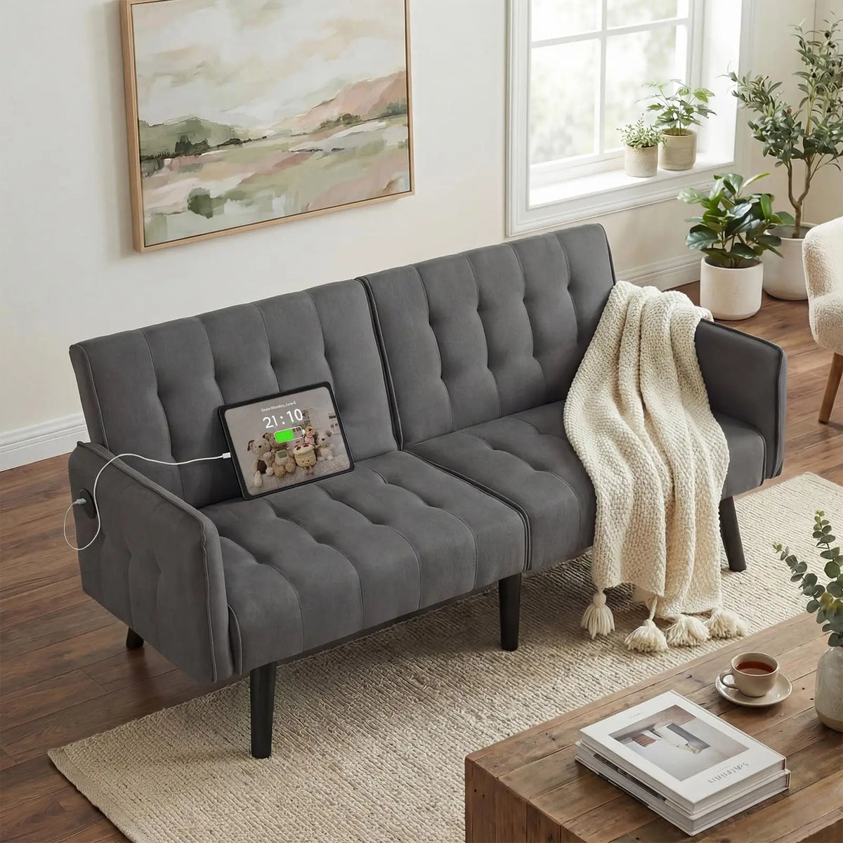 Tyboatle Convertible Faux Leather Futon Sofa Bed With USB Ports