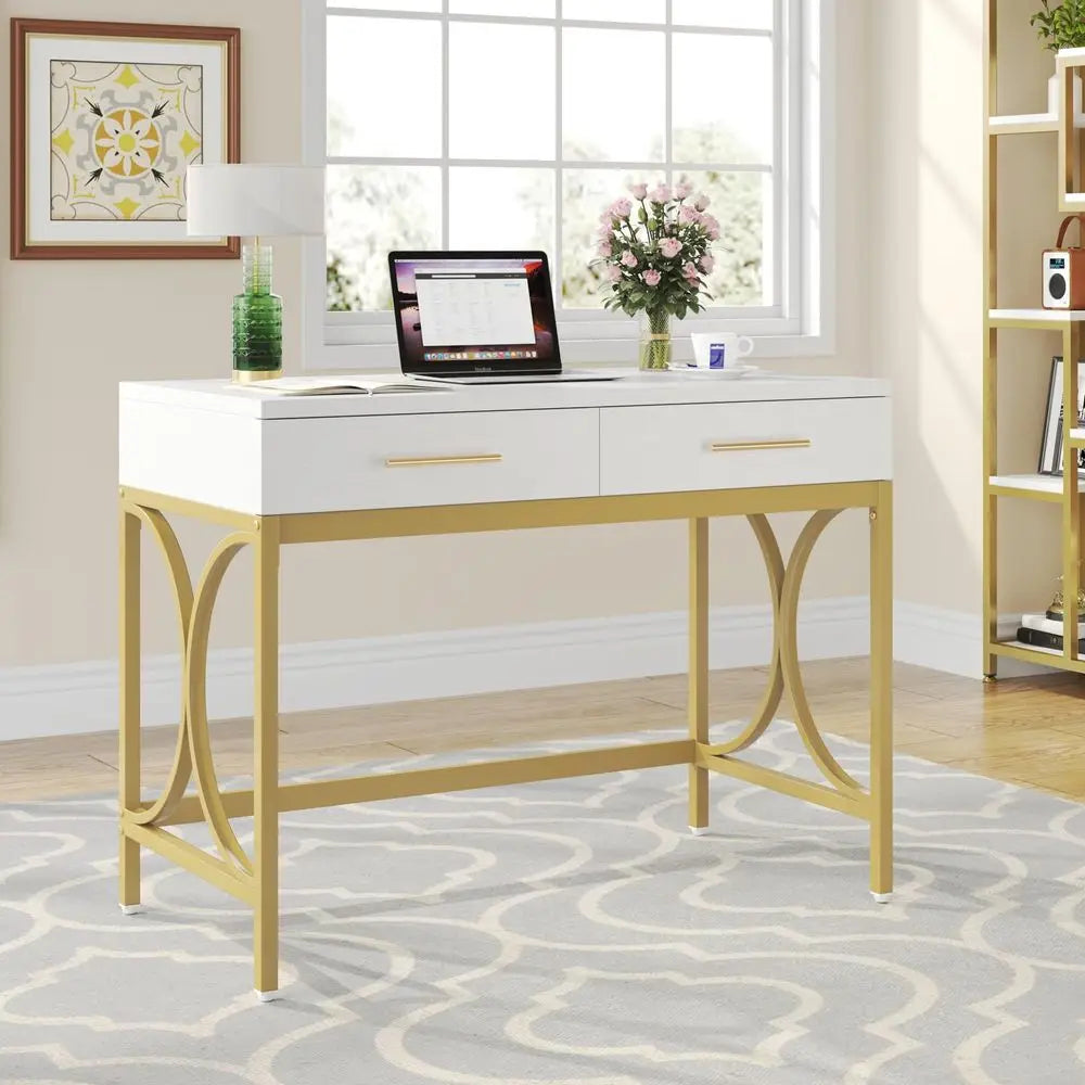 Modern Computer Desk with 2 Drawers Set of 2, 41 Inches Study Writing Office Desk for Home Office, Bedroom, Makeup Vanity Table