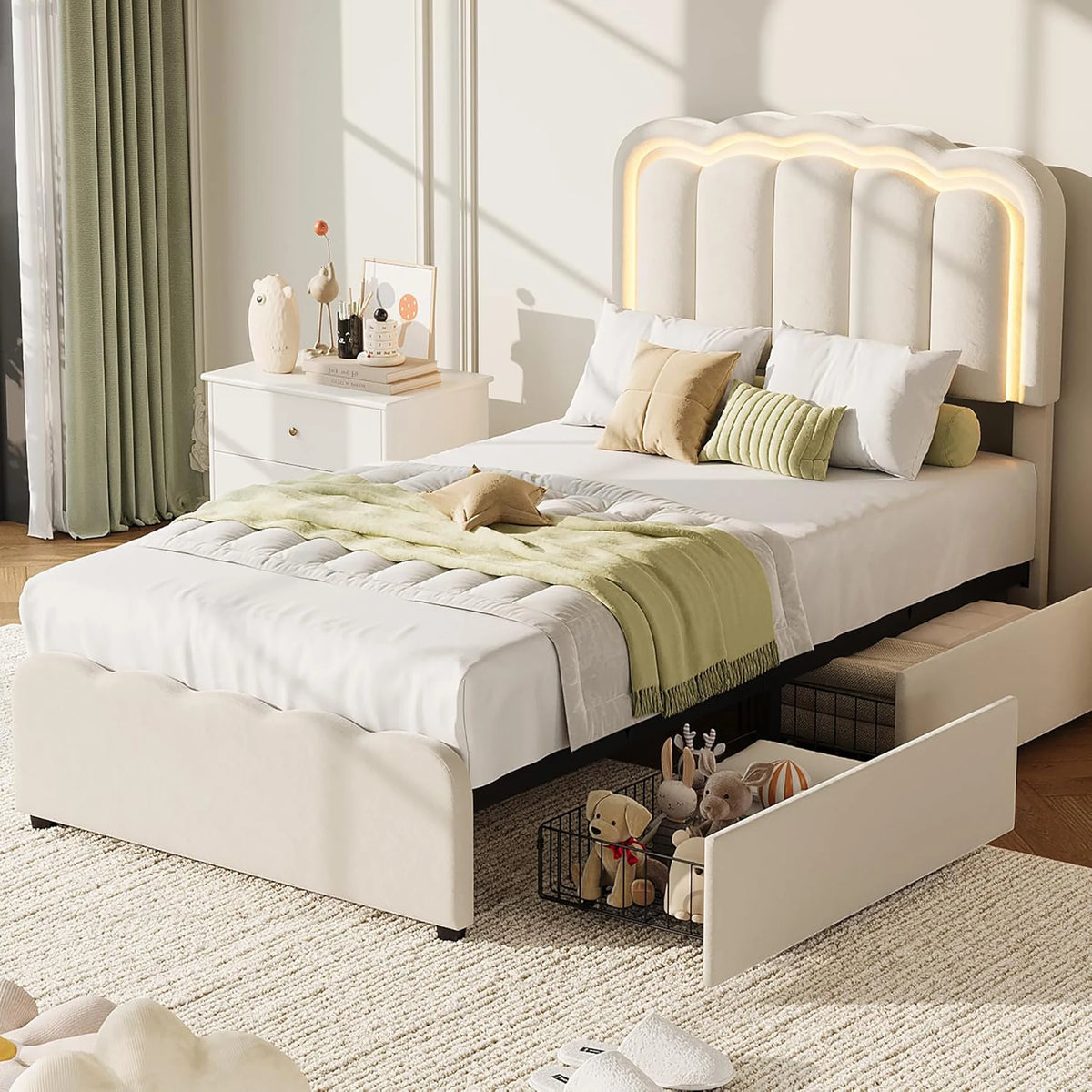 HiMISS Upholstered Platform Bed With Storage Drawers And LED Lighting