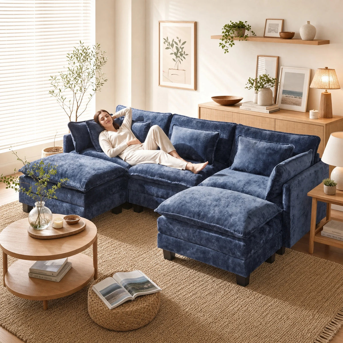 CHITOOMA U Shaped Modular Sectional Sofa with Movable Ottoman and Pillows