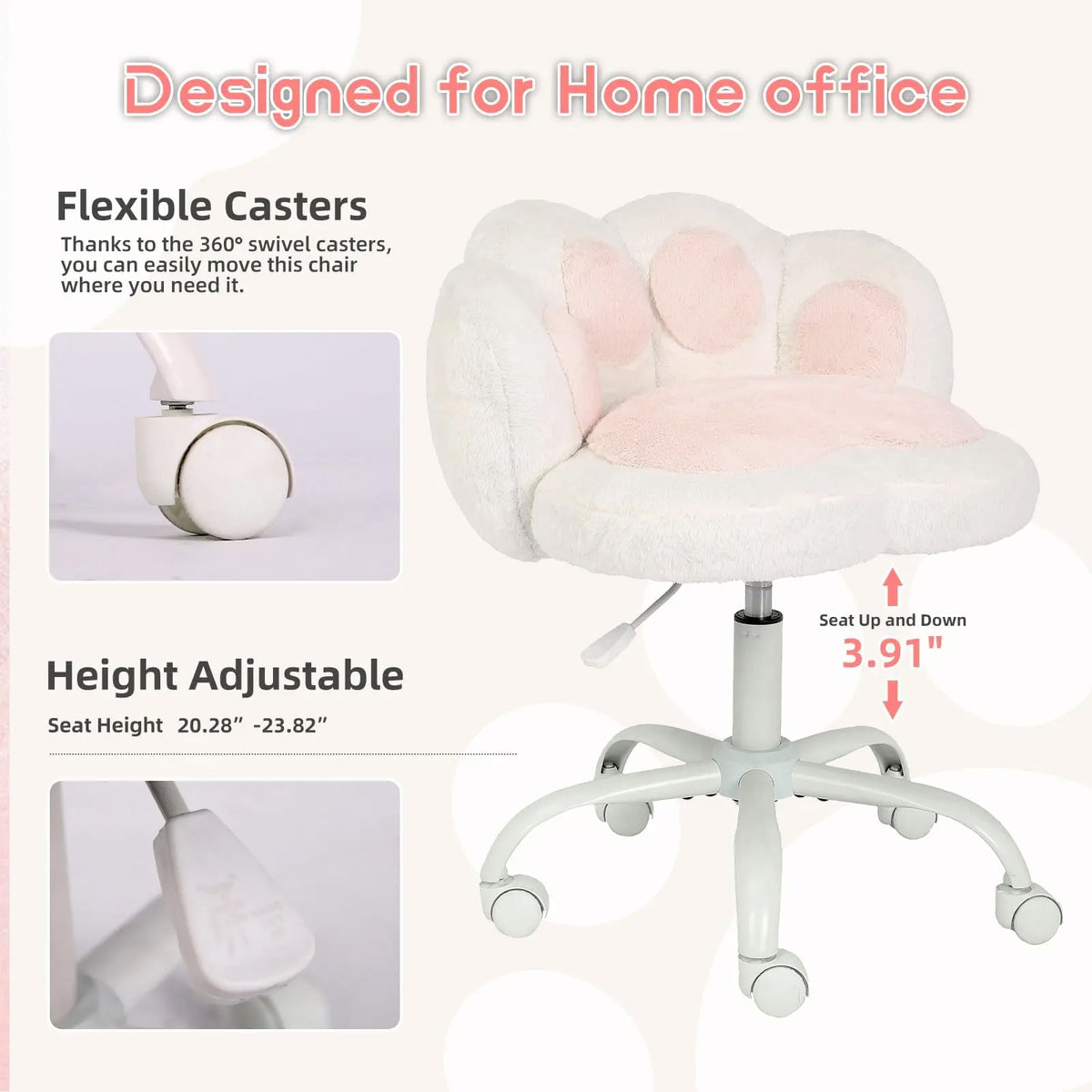 Cute Vanity Chair With Wheels, Armless Teddy Desk Chair With Paw Back, Height Adjustable Swivel Chair For Small Space Bedroom