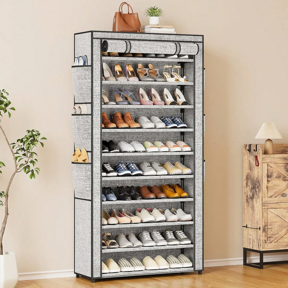 10-Tier Shoe Rack Organizer, 50+ Pairs Tall Dustproof Shoe Storage Cabinet, Multi-Functional Standing Shelf for Entryway Closet Dormitory, Easy Assembly Space Saver Black/Grey