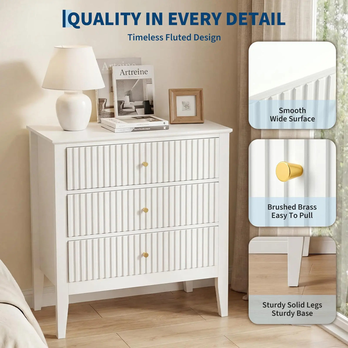 31.5 Inch Fluted Nightstand With Charging Station, 3 Drawer Bedside Table Raised Leg Storage Cabinet For Bedroom Living Room Home