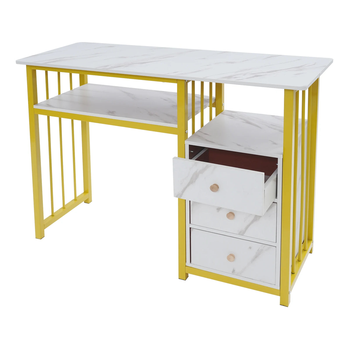 Three Drawer Manicure Table Nail Desk Makeup Vanity Marble Finish Steel Frame