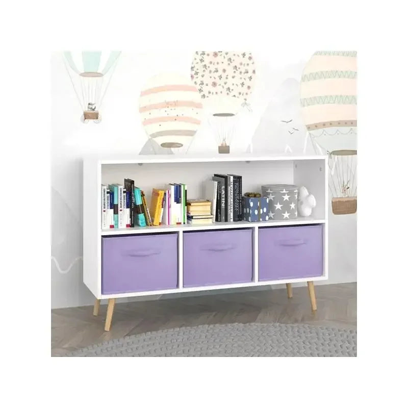 Kids Bookcase with Collapsible Fabric Bins, Children's Book Display & Toy Storage Organizer, White & Purple Design, Perfect for
