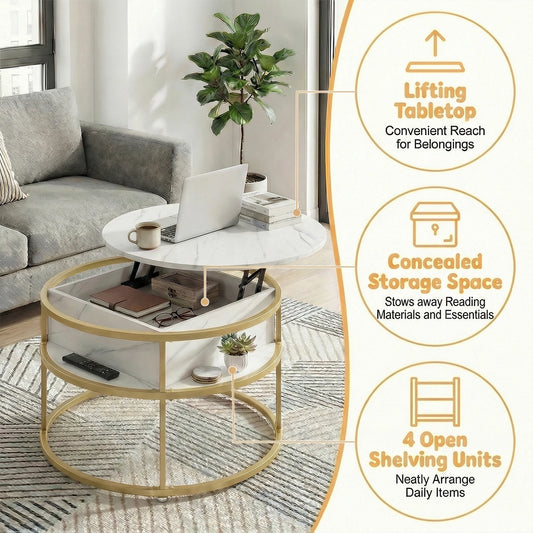 31. 5” Lift Top Coffee Table w/ Hidden Compartment & Side Shelves for Living Room