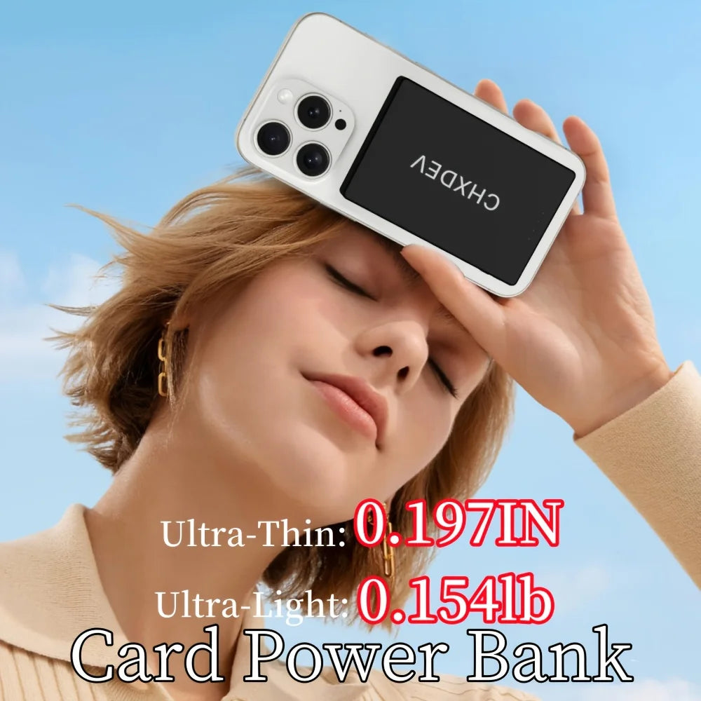 10000/5000mAh magnetic power bank, ultra-thin mini power bank, portable charger, supports fast charging, comes with data cable, available in black, white, and blue.
