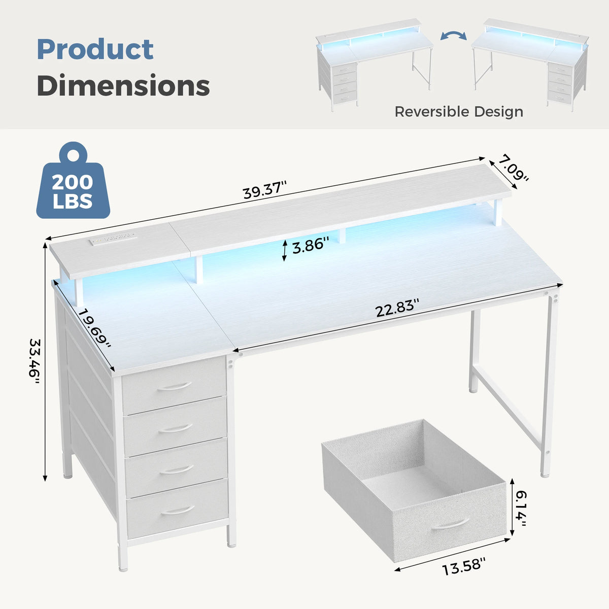 JHK Gaming Desk With Storage Drawers Power Outlets And LED Lights